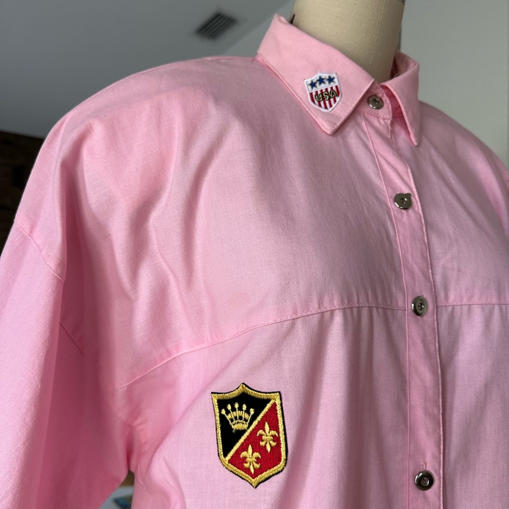 NWT’s Vintage 80’s Bubblegum Pink Button-Up Shirt with Patches - Picture 8 of 16